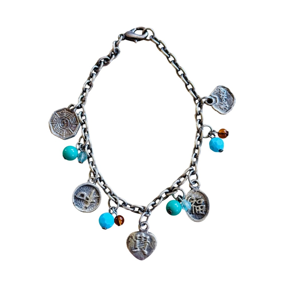 Happiness Yin Yang Harmony Charm Bracelet VtG Statement Dangle Silver tone 7"